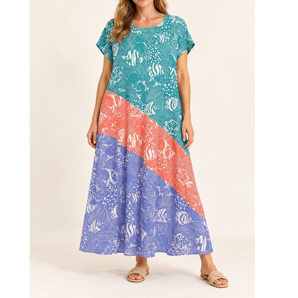 Color Block Fish Print Maxi Dress Short Sleeve Teal Coral Blue Coastal f5